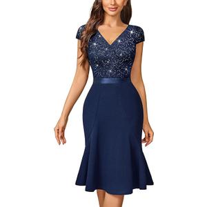 Miusol Women's Elegant V Neck Sequin Glitter Lace Ruffle Style Cocktail Prom Dress, Medium