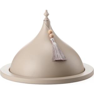 Qinyoung Decorative Ramadan Dates Cover, 12 Inch Taupe Metal Serving Dome Cloche Cover with Silver Tassel for Dates, Eid Serving Platter, Elegant Iftar and Suhoor Table Centerpiece