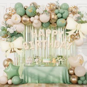 DBKL Sage Green Birthday Decorations with Happy Birthday Banner, Sage Green Sand White Gold Confetti Balloons Butterfly Fringe Curtain Party Decorations for Women Girls