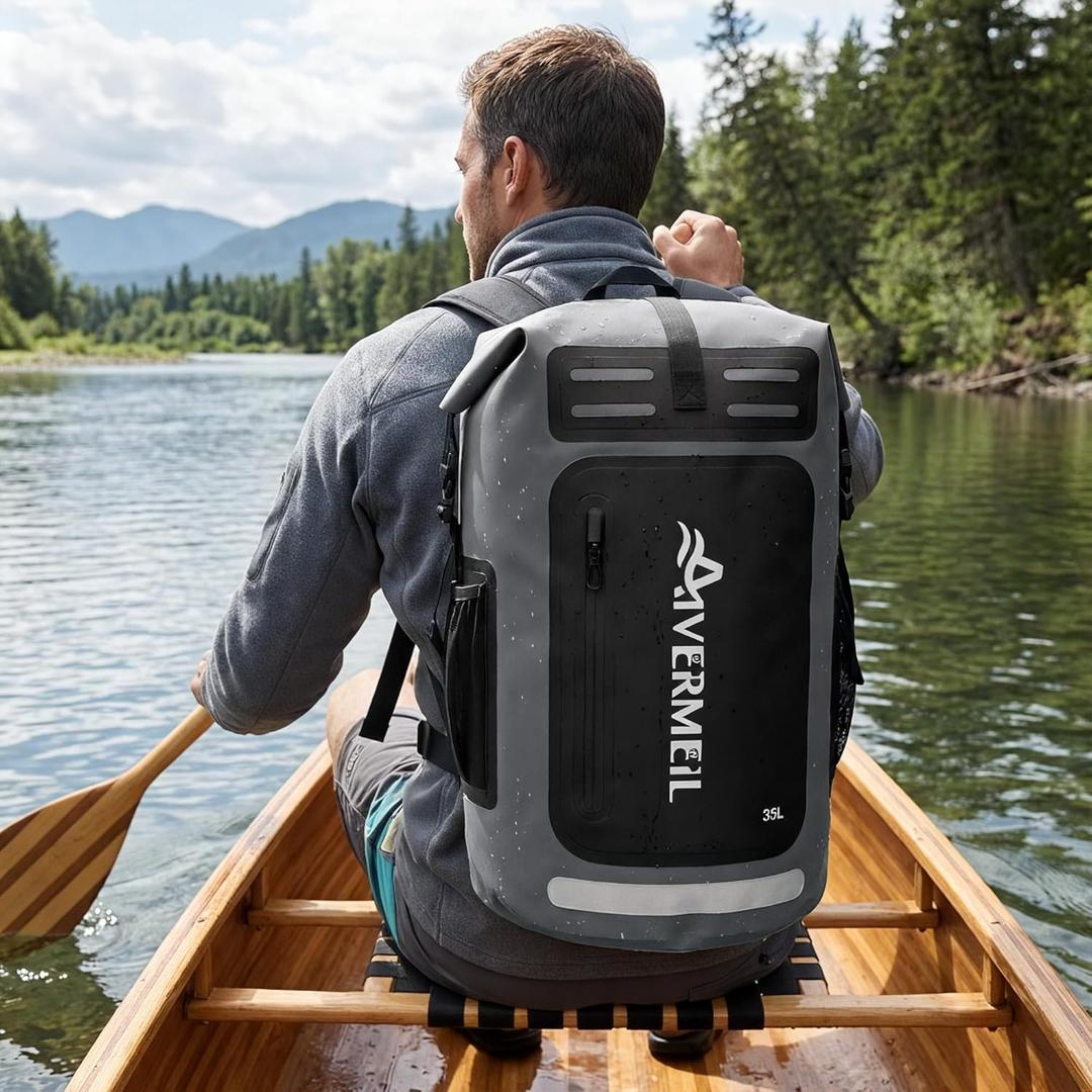 Dry Bag Waterproof Backpack 35L for Men & Women Roll-Top Hiking Backpack with IPX8 Waterproof Phone Case for Kayaking Boating Cushioned Padded Back Grey
