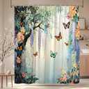 Floral Butterfly Shower Curtain Rustic Purple Weeping Wisteria Blossom Watercolor Flower Green Leaves Spring Garden Nature Scenery Bathroom Decor Polyester Curtains with Hooks,70Wx70L