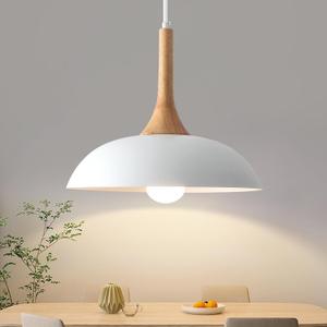 White Pendant Lights Kitchen Island, Modern Pendant Light with Wood Cap, 13.8 inch Dome Pendant Light for Kitchen, Dining Room, Living Room