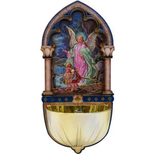 Guardian Angel Holy Water Font | Catholic Home Wall Decoration | Great Christian Gift for Baptism and First Holy Communion | Wooden Base with Full-Color Image of Angel Guiding Children
