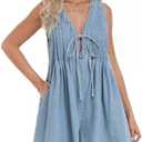 Vidifid Women's Casual Summer Sleeveless Denim Romper Tie Front V Neck Ruffle Jean Short Overall With Pockets, Size XL