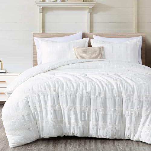 Chezmoi Collection 4-Piece Clip Jacquard Cotton Comforter Set Queen, Boho Chic Textured Tufted Basketweave Striped Bedding with Textured Woven Pillow Cushion, White