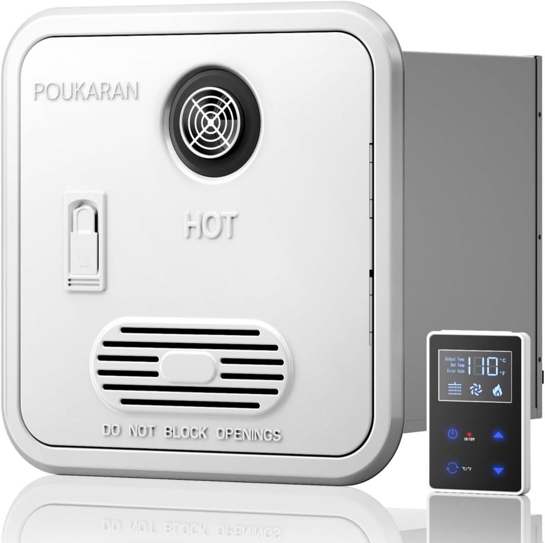 Poukaran 65,000 BTU RV Tankless Water Heater, DC 12V, On Demand Instant Hot Water Heater, with 15x15 inches White Door and Front Water Outlet, Compatible with all RVs
