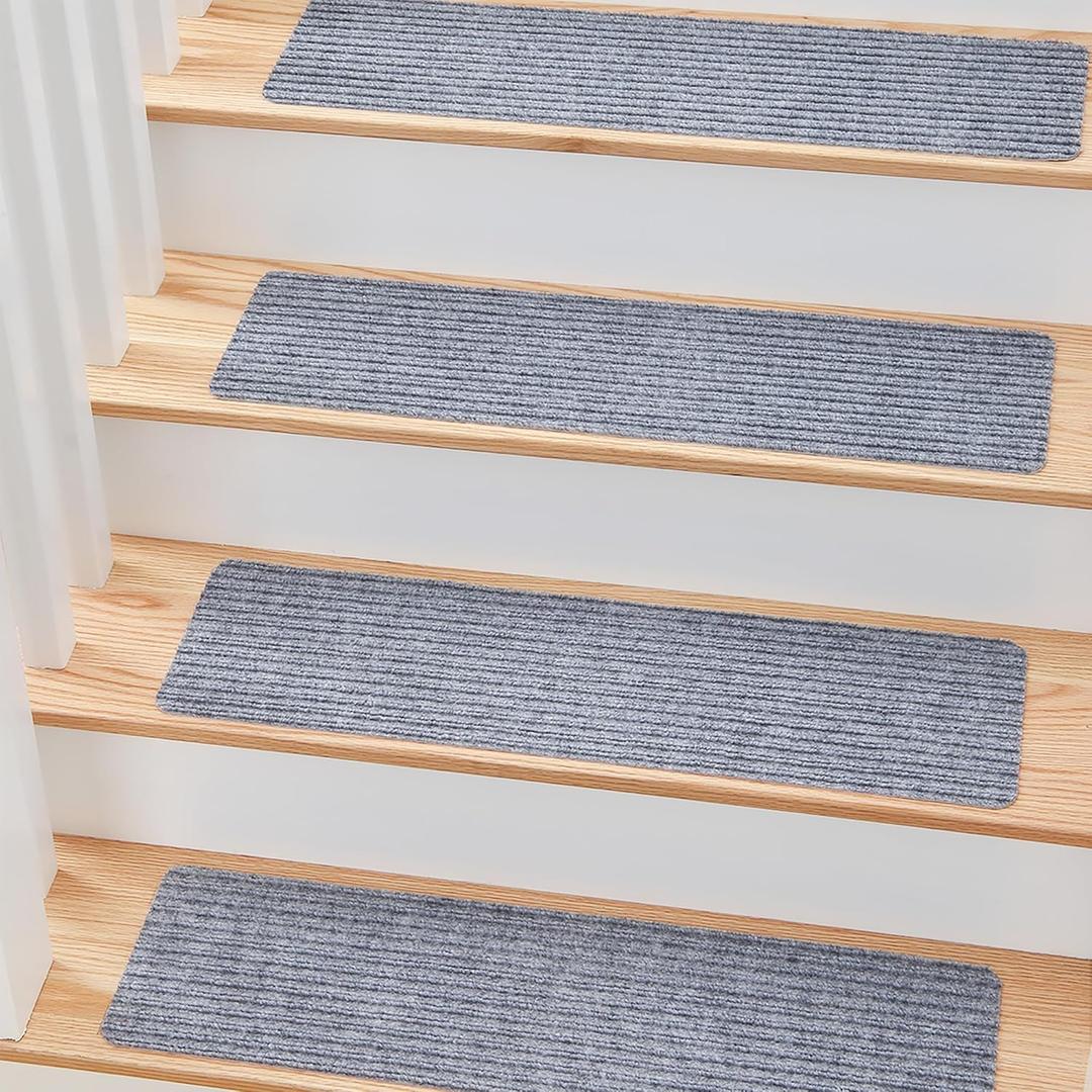 MBIGM 8" X 30" (15 in Pack) Non-Slip Carpet Stair Treads Non-Skid Safety Rug Slip Resistant Indoor Runner for Kids Elders & Pets with Reusable Adhesive - Light Gray - Carpet Pads for Stairs