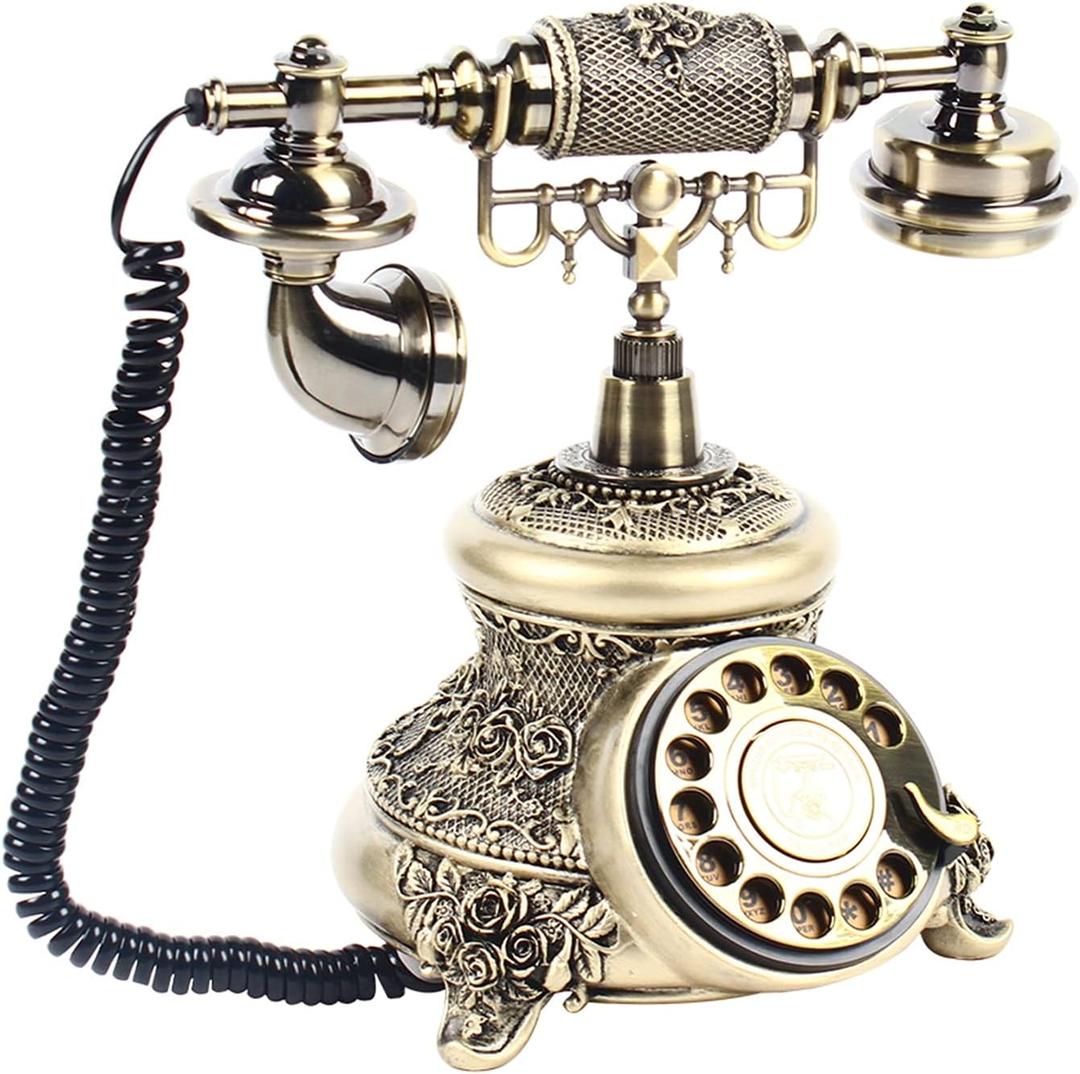 Vintage Rotary Telephone Antique Old Fashion Phone Resin Imitation Copper Retro Dial Landline Phone Decor Handset Turntable Telephone for Home Office (Vintage Bronze)