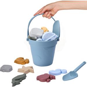 CHILDLIKE BEHAVIOR Silicone Baby Beach Toys - 10x10-Inch Travel Friendly Beach Toy Set - Durable Sandbox Toys - Kids Sand Toys Set Includes Sand Bucket, Shovel, and 6 Animal Shaped Sand Molds