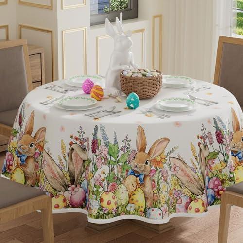 XCHI Bunny Ears Eggs Wildflowers Rabbits Easter Tablecloth Round Table Cloth Washable Table Covers for Indoor Dining Home Party Decorations 70x70 Inch