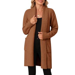 OUKODS Women's Long Sleeve Soft Chunky Knit Sweater Open Front Cardigans Fuzzy Outwear Coat with Pocket, Brown, Large
