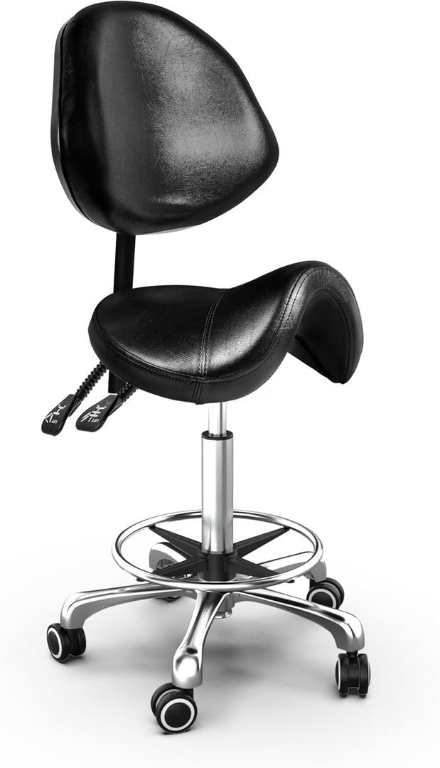 TASALON Saddle Stool with Back Support Ergonomic Adjustable Stool with Wheels - Swivel Salon Cutting Stool for Kitchen, Salon, Spa, Tattoo, Pedicure, Massage -Esthetician Chair  Black