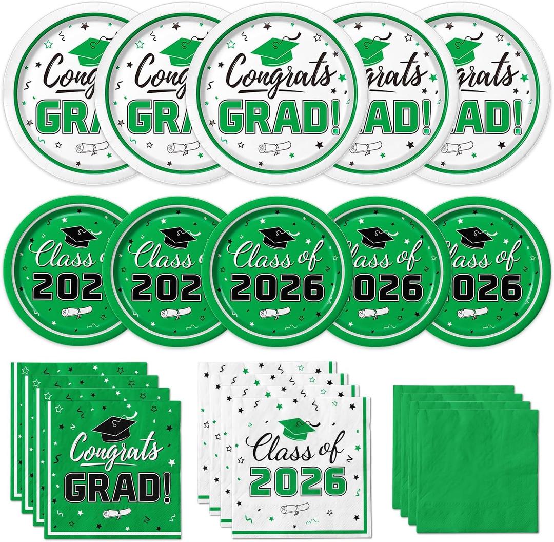 Graduation Party Supplies Kit Serves 50 - Graduation Party Green Class of 2026 Tableware Disposable Dinner Plates Dessert Plates and Napkins for Congrats Grad Party Decorations