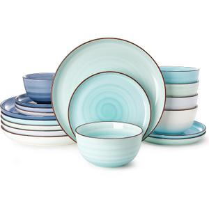 Sweese Plates and Bowls Sets, 18 Piece Dinnerware Set Porcelain Round Dinner Set for 6, Scratch Resistant Dishes Set, Dishwasher and Oven Microwave Safe Handpainted Swirl Dishware Sets, Assorted Blue