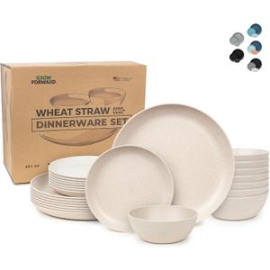 Grow Forward 24-piece Premium Wheat Straw Dinnerware Sets for 8 - Unbreakable Dishwasher & Microwave Safe Plastic Plates and Bowls Sets - Patio, Outdoors, RV, Camping Dishes - Sahara