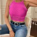 WDIRARA Women's Eyelet Halter Crop Top Lace Embroidery Slim Fitted Tops (Pink)