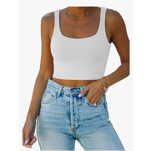 REORIA Women’s Sexy Square Neck Double Lined Seamless Sleeveless Cropped Tank Yoga Crop Basic Tops, L