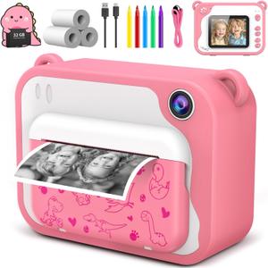 Kids Camera Instant Print 1080p Instant Camera for Kids Aged 3-12 Ink Free Printing Dinosaur Toddler Camera Christmas Birthday Gifts for Boys Girls 3 4 5 6 9 8 9 10 11 12 Years Old (Pink)