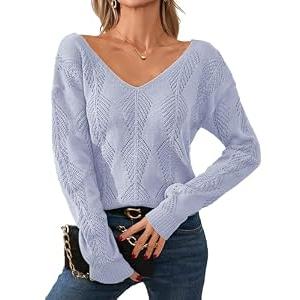 Libsorge Womens V Neck Cardigan Sweaters for Women Leaf Crochet Reversible Sweaters Fall 2025 Sexy Cropped Lightweight Hollow Out Knit Off The Shoulder Long Sleeve Button Pollover Tops Blue, Medium