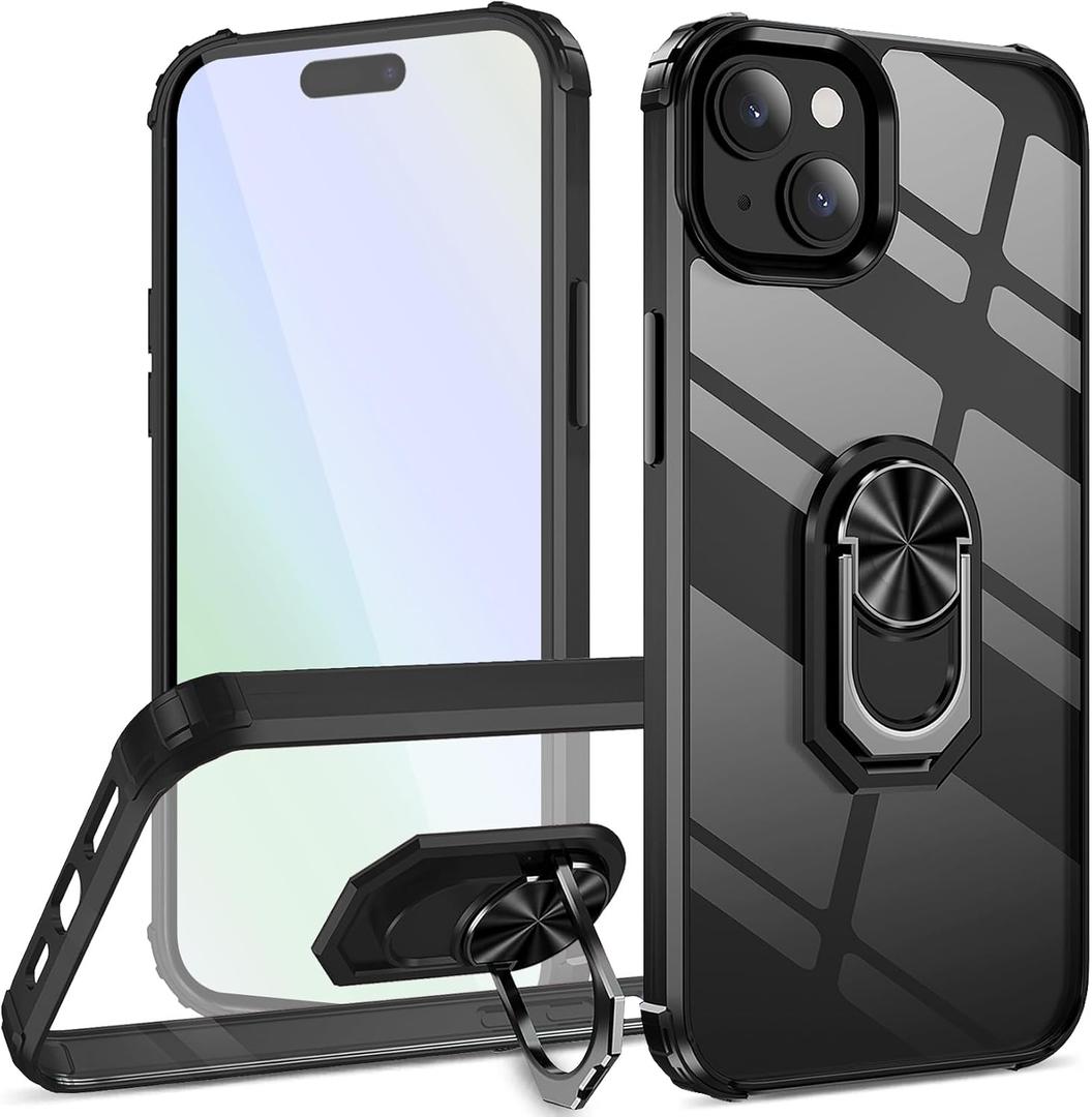 Ring Kickstand Clear Phone Case for iPhone 15 Plus (6.7 Inch),Drop Protection Slim Protective Shell Cover,Flexible Bumper + Hard Back + Ring Stand Fits Magnetic Car Mount,Black