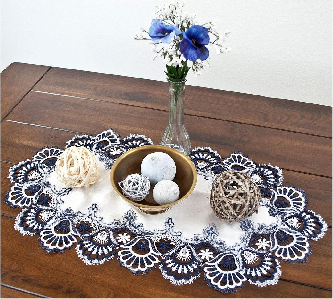 LINENS Art and Things Lace Table Runner Blue Navy and White European Large Placemat Dresser Scarf Doily (14Wx27L)