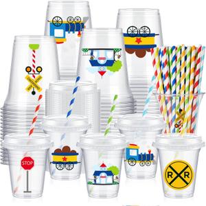 60 Set Train Theme Party Plastic Cups Bulk 14 oz Disposable Clear Cups with Lids and Paper Straws for Trains Party Birthday Supplies Favor Decorations (Multicolor)