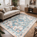 Boho Area Rugs 5x7 Washable Non-Slip,5 by 7 Low-Pile Retro Vintage Oriental Inspired Persian Style Bohemian Rug with Rubber Backing,Blue Carpet for Living Room,Bedroom,Dining Room Under Table,Office
