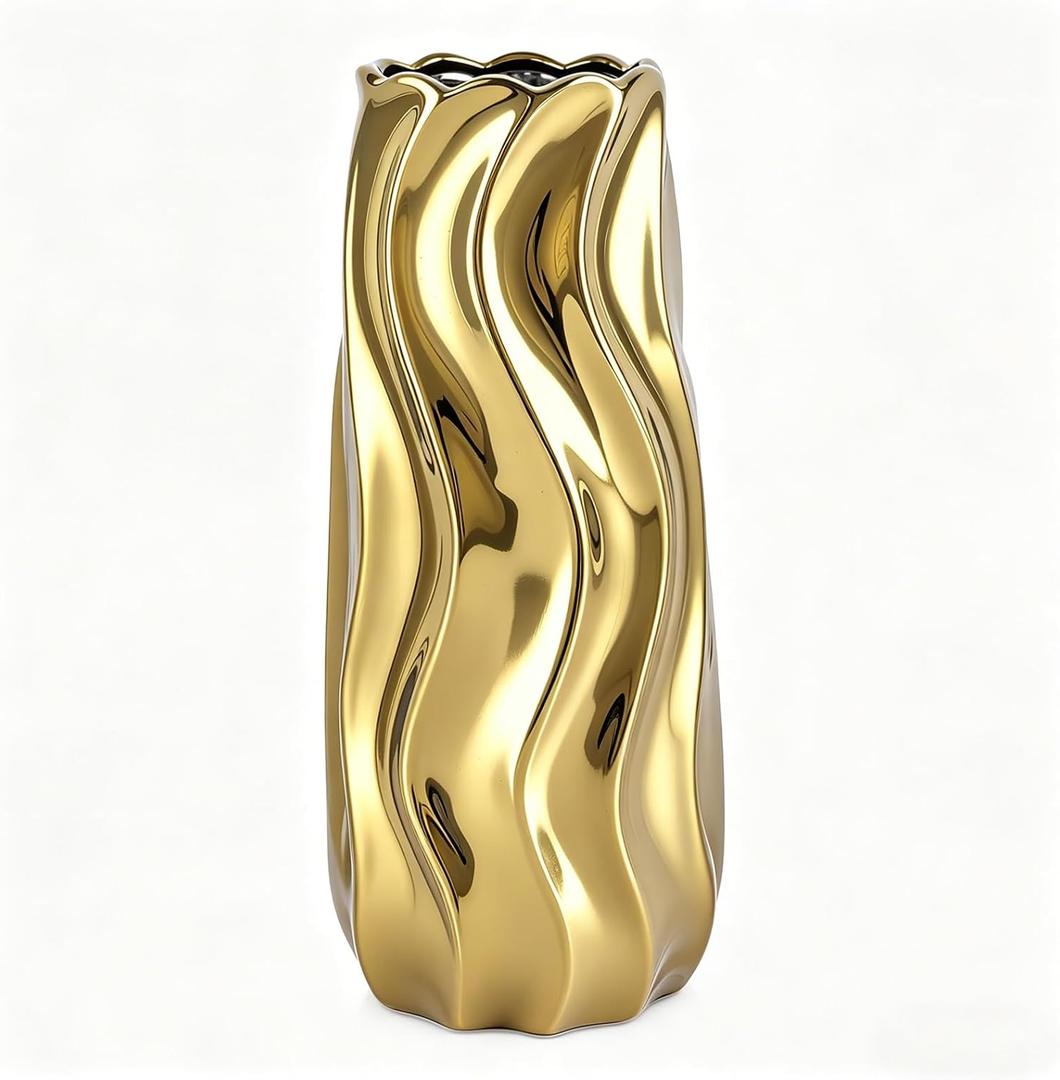 7.5" Gold Vase, Gold Ceramic Vase, Decorative Vase for Home Decor, Modern Wavy Electroplated Flower Vase, Sculptural Centerpiece Vase for Living Room Shelf Office Table Decor