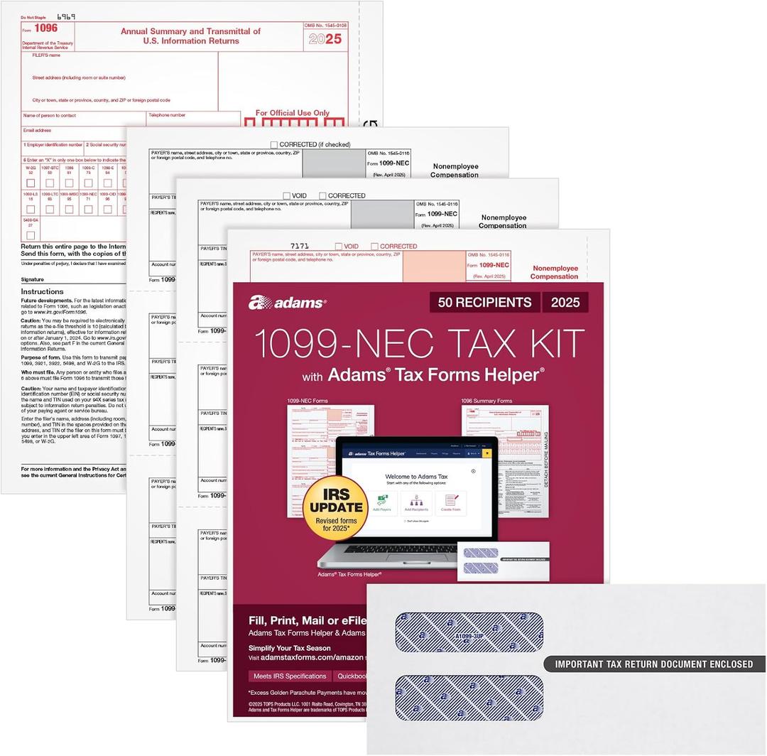 Adams 1099 NEC Forms 2025, 3-Part Kit for 50 Recipients, Includes 50 Envelopes, 6 1096 Forms, QuickBooks Compatible, eFile Access and Printing Through Adams Tax Forms Helper Software (1017232)