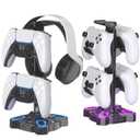 KDD Gaming Headphones Stand, Rotatable Headset Stand with Light Modes - Controller Holder with 2 USB Charging Ports and 3.5mm - Earphone Hanger Accessories for Desktop Gamer(Black)