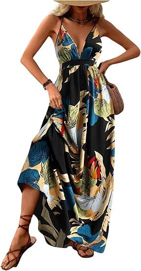 MakeMeChic Women's Summer Blue and White Floral Dress 2026 Boho Backless Maxi Sundress Spaghetti Strap Flowy Dress, Size S