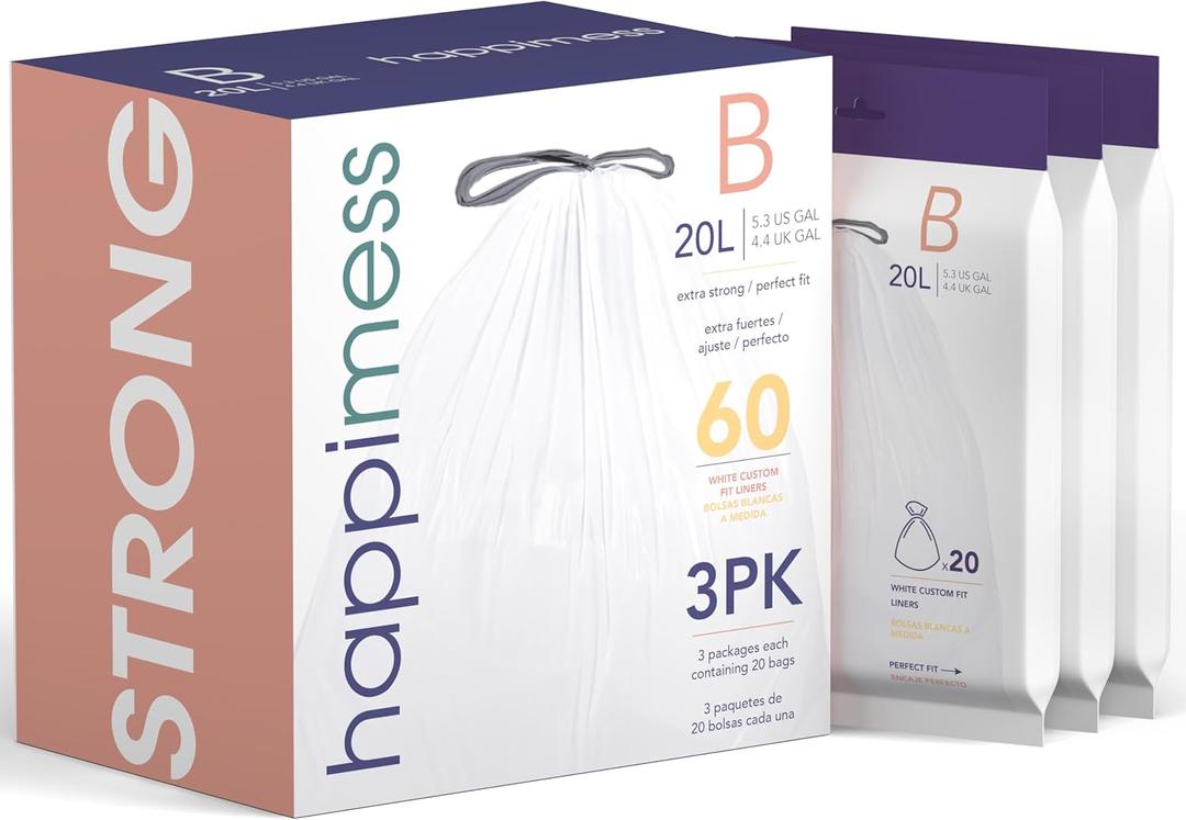 happimess HPM3000B-WHITE 5.3 Gallon Kitchen Drawstring Trash Bags, Trash Can Liner, White, 60-Count, 3-Packs of 20 Liners