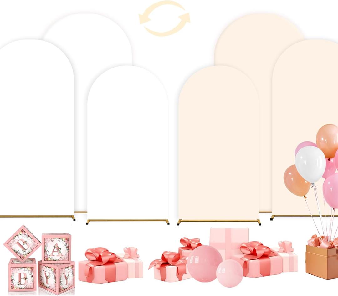 Wedding Arch Cover,Set of 3 (7.2ft+6.6ft+6ft) Double Color Cover Spandex Fitted Arch Stand for Birthday Party Baby Shower Wedding Stand Decoration (White+Beige)