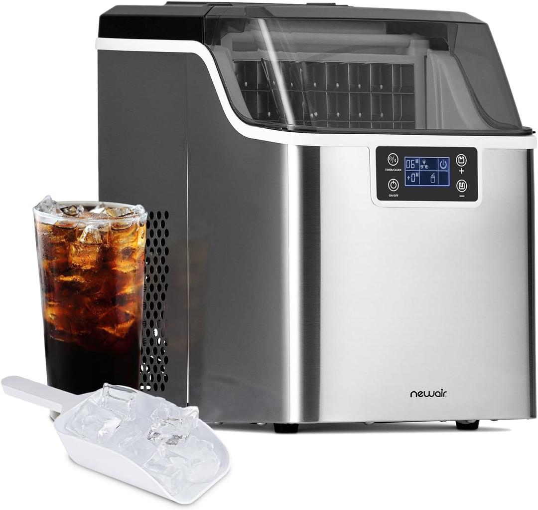 Newair Countertop Clear Ice Maker, 45lbs/Day Ice Cube Machine, Self-Cleaning Function and Custom Ice Thickness, Portable Ice Maker, 24H Timer, Ideal for Home Office and Outdoor Bar, Stainless Steel