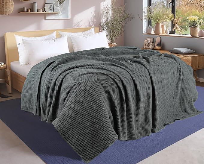 Tex Trend 100% Cotton Blankets King Size  Durable and Versatile Waffle Weave Blanket for Spring Summer  Cozy, Lightweight & Breathable - Grey, 90x108 Inches
