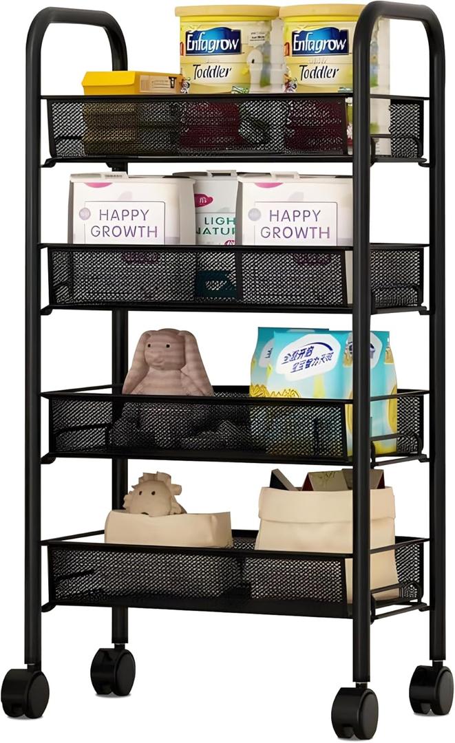 5 Tier Rolling Cart with Wheels and Handle,Rolling Storage Cart for Office, Living Room, Laundry Room,Kitchen,Bathroom,Black