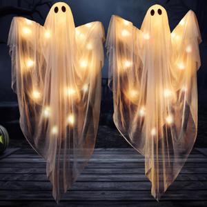 JOYIN 2 Pcs 47 Halloween Light up Hanging Ghost Decoration Outdoor, Halloween Flying Hanging Ghosts with Warm LED Light for Haunted House Prop, Front Yard Patio Party Decor Indoor Outdoor