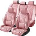 Pink Car Seat Covers Full Set, Full Coverage Luxury Leather Car Seat Protector Universal Fit for Most Cars SUVs Pick-up Trucks, Pink Seat Covers Car Interior Accessories for Women