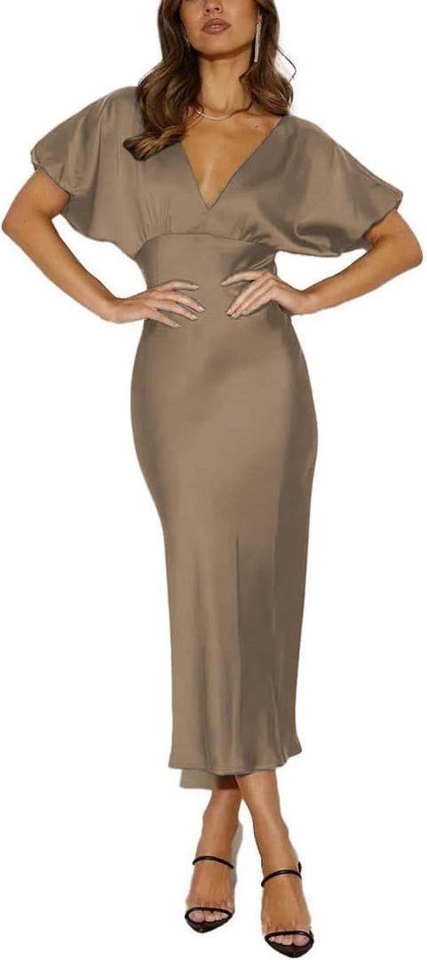 Satin V Neck Puffy Sleeves Silk Midi Dresses Empire Waist Elegant Tie Back Formal Cocktail Dress for Women Wedding Guest (Beige, L)