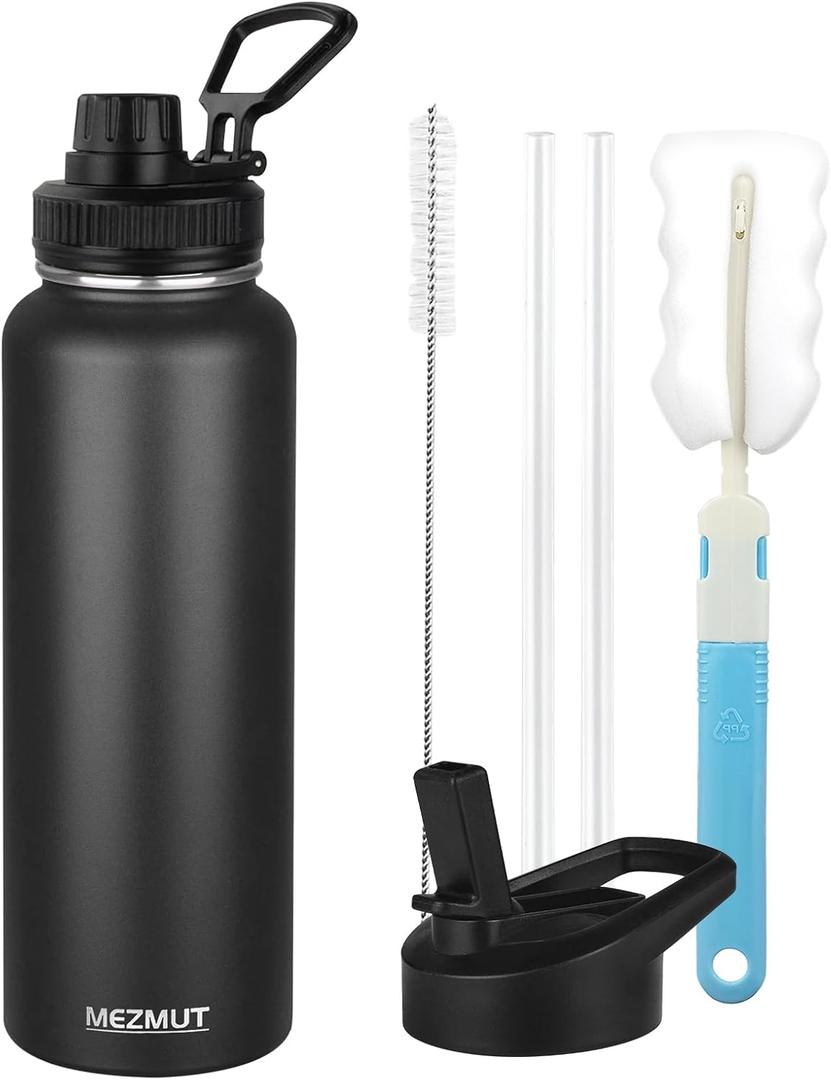 MEZMUT Insulated Water Bottle with Straw&2 Lids 40oz Stainless Steel Water Bottles Sports Metal Water Bottle Double Walled Vacuum Insulated Bottles Thermos Leak-Proof Travel Thermal (Black)