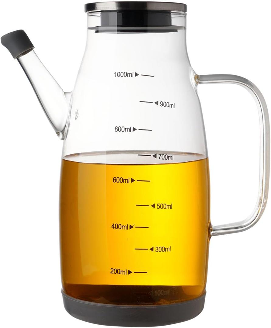 Large Glass Oil Dispenser Bottle for Kitchen Cooking Recipiente Para Aceite De Cocina Olive Oil Vinegar Dispenser Cruet Stainless Steel Lid No Drip Liquid Container (Clear, 34oz /1000ml) (33.8 Ounces)