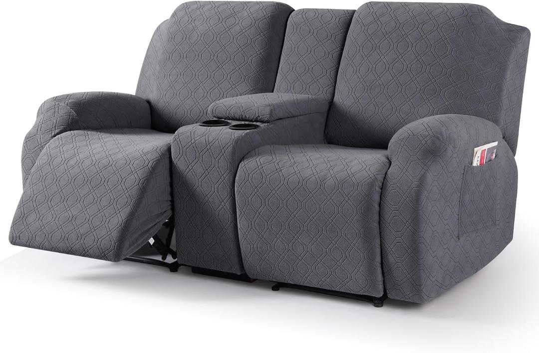 VANSOFY Recliner Loveseat Cover with Middle Console Stretch Reclining Sofa Slipcover for 2 Seat Jacquard Reclining Couch Sofa Covers Furniture Protector with Elastic Straps Bottom (Dark Gray)