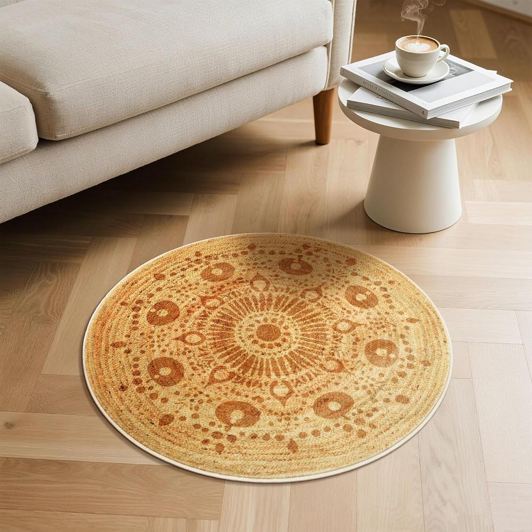 Carvapet Faux Jute 2 ft Round Rug - Soft Low Pile Small 24 inch/61 cm Sunshine Print Washable Circle Carpet with Non Slip Rubber Backing, Foldable Area Rug for Living Room Bedroom Nursery Bathroom