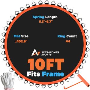 10FT Trampoline Mat Replacement 10 FT Trampoline Replacement Mat Jumping Mat with 64 V-Rings, Fits 5.3"-5.5" Springs 10FT Round Trampoline Frame, Spring Tool Gloves Included