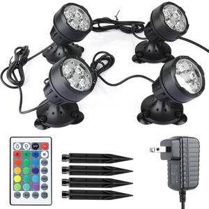Colored Pond Lights Underwater with Timer, Submersible Fountain Light LED Spotlights Dimmable IP68 Waterproof with Spiked Stand for Outdoor Landscape Pond Fountain (Set of 4), 4 lights in one
