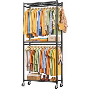 Clothes Rack - 33.0" x 12.2" x 79.5" Clothing Rack with Shelves & Wheels, Multi-Functional Wardrobe Closet with Hooks, Sturdy Metal Garment Rack for Bedroom, Laundry, Balcony (Black), Large
