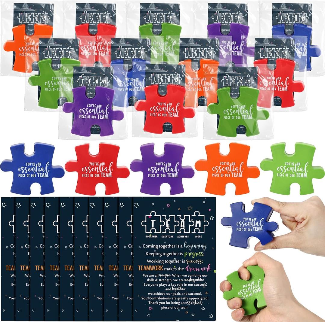 Hollowfly 10 Pcs Teacher Appreciation Week Gifts Inspirational Puzzle Piece Stress Balls Bulk with Thank You Card Organza Bag Team Appreciation Gift for End of Year Office Coworker Employee Staff