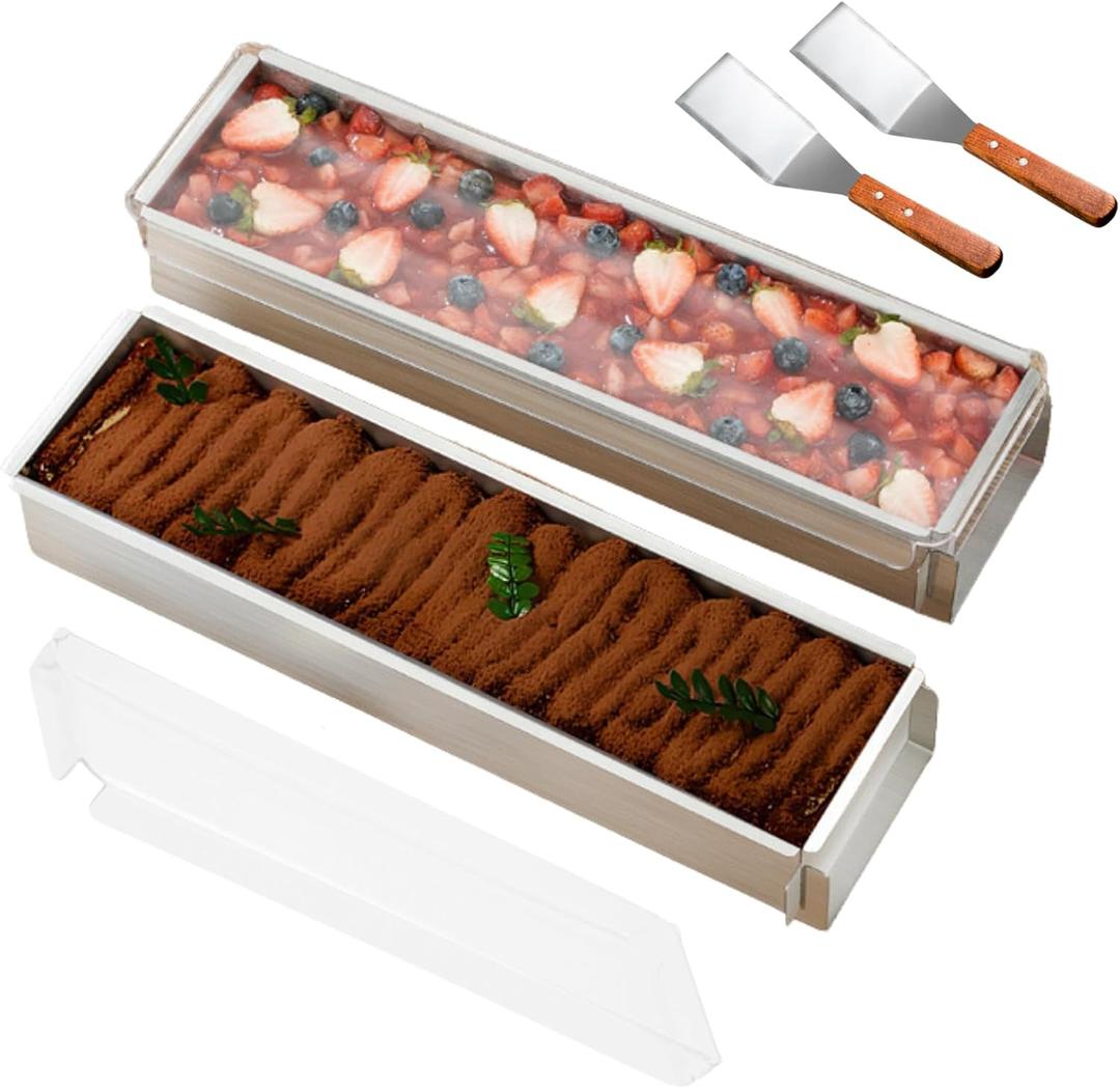 Rectangle Cake Pan, 2-Pack 16-Inch Tiramisu Molds with Acrylic Lids & Spatulas, Aluminum Alloy Cheesecake Mold for Baking Mousse Brownies Desserts