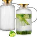 Buaic Glass Pitcher with Lid, 100 oz/ 3 Liter Classic Vertical Stripes Water Pitcher,Glass Water Carafe for Cold Brew, Coffee, Lemonade, Iced Sun Tea,Beverage, Milk, Heat Resistant (3L-2 PACK, Clear)