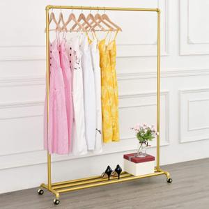 Rolling Gold Clothing Racks on Wheels, Retail Display Industrial Pipe Clothing Racks for Hanging Garment Racks for Boutiques, Home